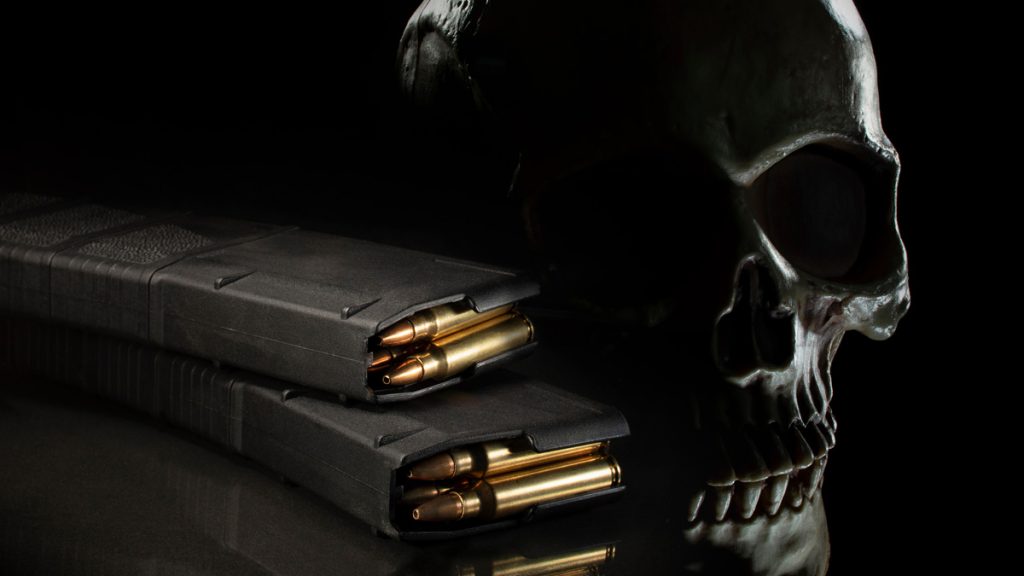 AR15 magazines with hollow point bullets and a skull.