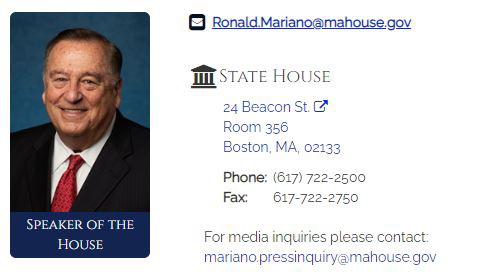 Massachusetts House Speaker Ron Mariano business card