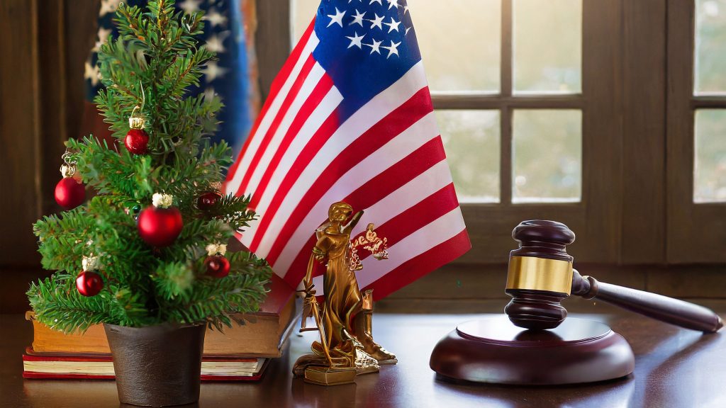 A Christmas Tree, a gavel, and a US flag