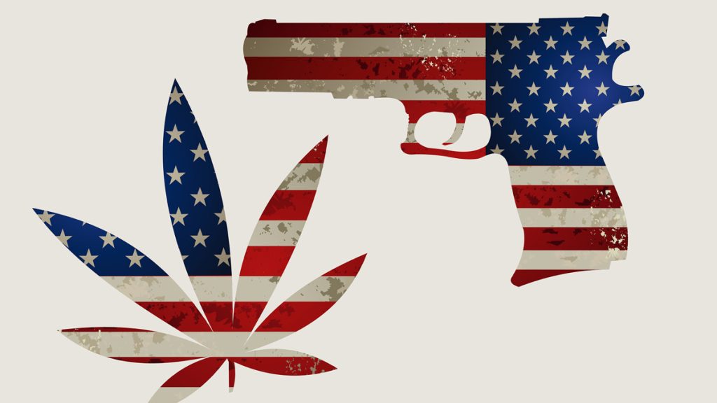 A marijuana leaf and a firearm