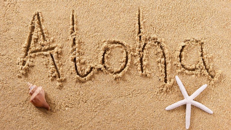 Aloha written in sand