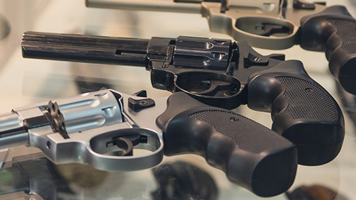 Revolvers on the counter in the gun shop. Weapon