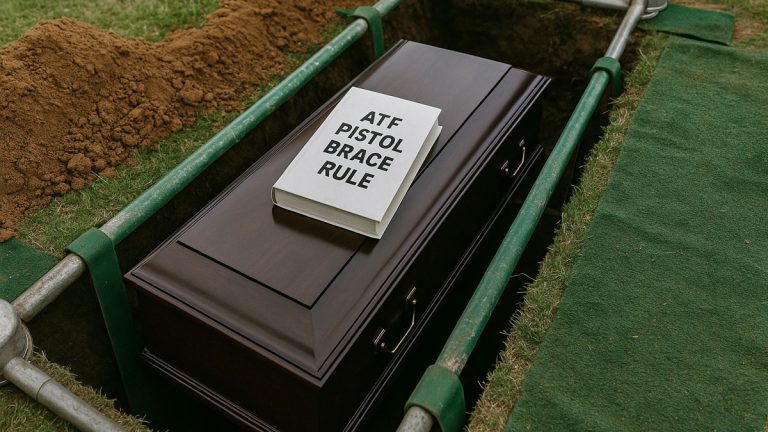 A book entitled 'ATF Pistol Brace Rule' being lowered into the ground at a cemetary