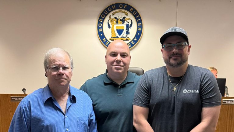Henry Montferrante, Butler Mayor Ryan Martinez, and Englishtown Mayor Daniel Francisco