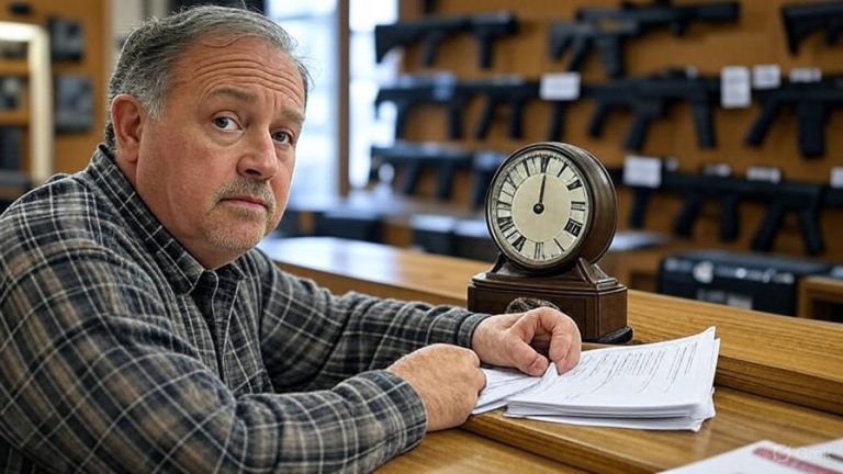 A person filling out paperwork to buy a firearm with a clock ticking on the counter