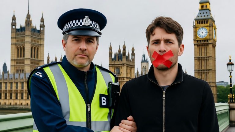 A man being arrested for offensive speech