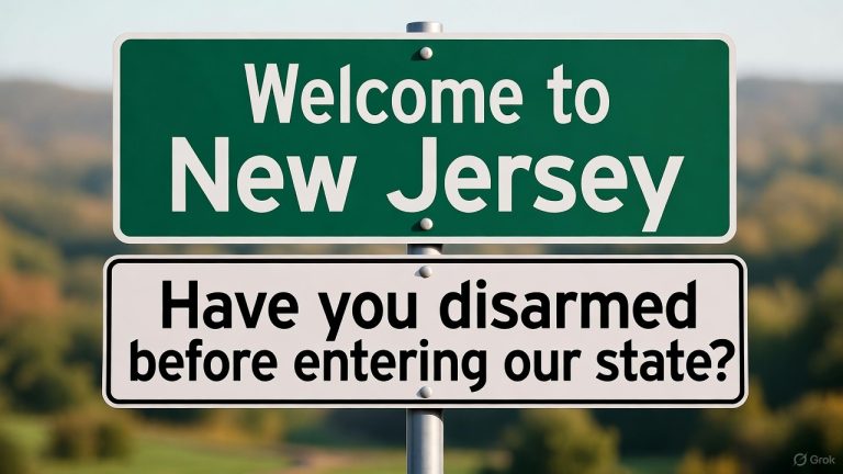 A sign that says Welcome to New Jersey. Have you disarmed before entering our state?