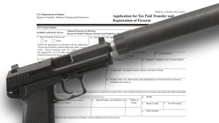 A pistol with a silencer and a tax stamp form