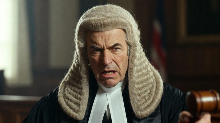 An angry British judge with a gavel