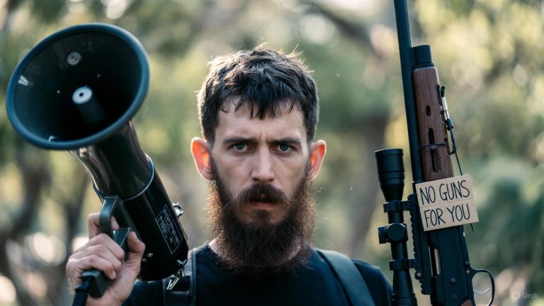 A person with a bullhorn and a rifle with a sign that says 'no guns for you'
