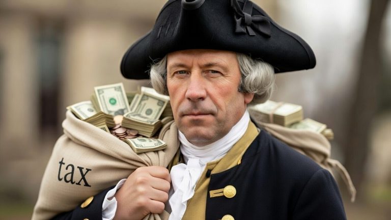 A tax collector from the Colonial times carrying a big bag of tax money