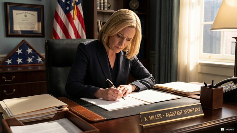 A blonde female secretary with a determined look writing a letter at a desk
