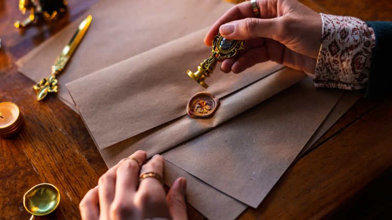A person sealing a letter with a wax seal