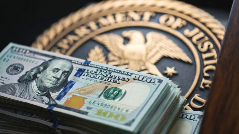 A stack of money on top of a DOJ seal