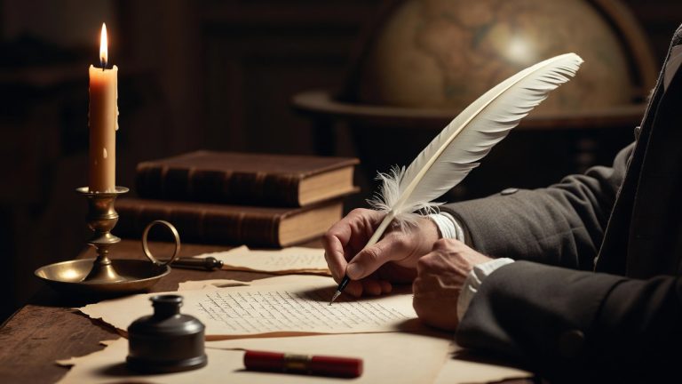 A person using a quill to write a letter by candlelight