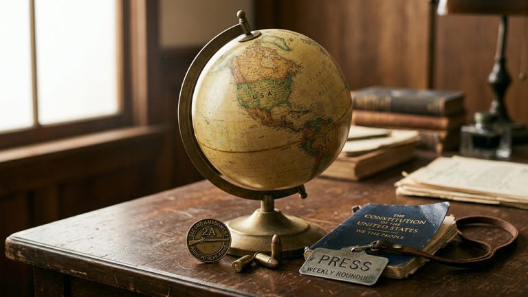 A globe focused on the U.S. and a copy of the U.S. Constitution