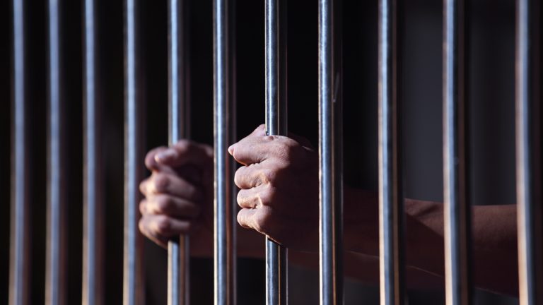 A person with hands on jail cell bars