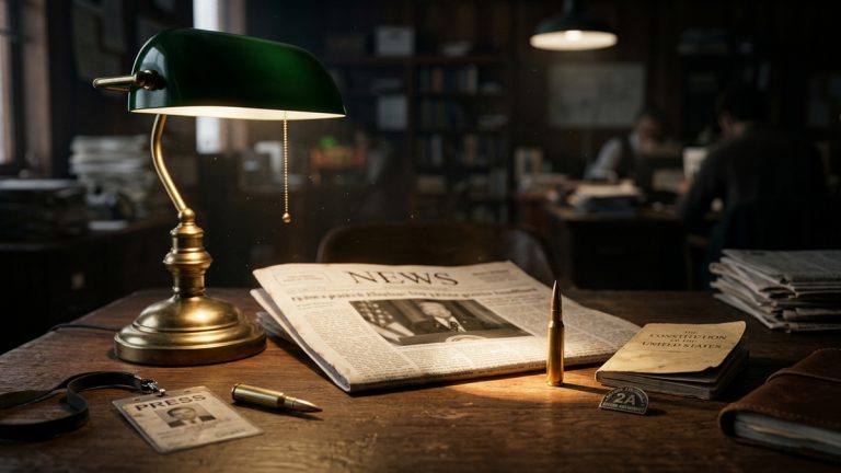 A bankers lamp and a newspaper