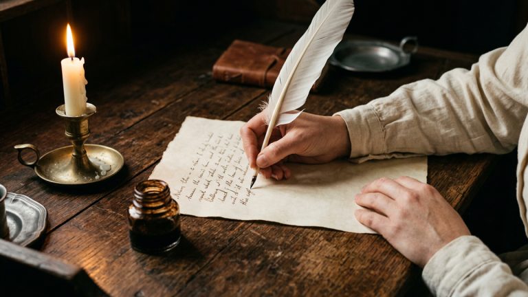 A person writing a letter with a quill and ink