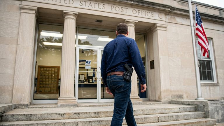 A man entering a U.S. Post Office with a holstered firearm