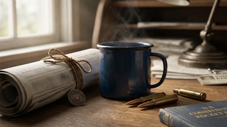 A rolled newspaper and mug of coffee