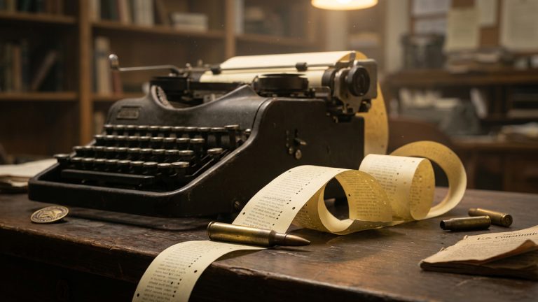 A typewriter, paper tape, and ammunition
