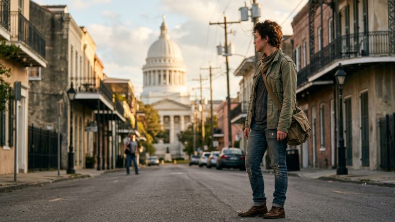 A young person near the Louisiana State Capitol building