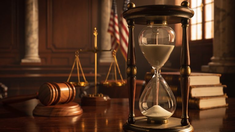 An hourglass and courtroom