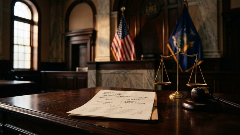 A legal brief on a courtroom desk