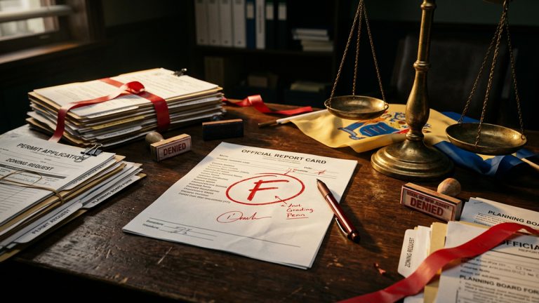 A scene depicting a New Jersey report card with grade F