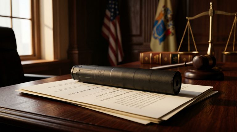 Suppressor on a judge's desk with a NJ flag in the background