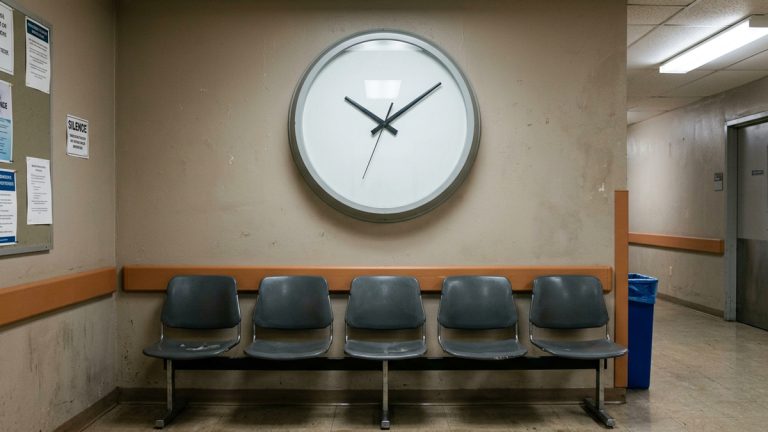 A giant empty clock in a government office waiting area.