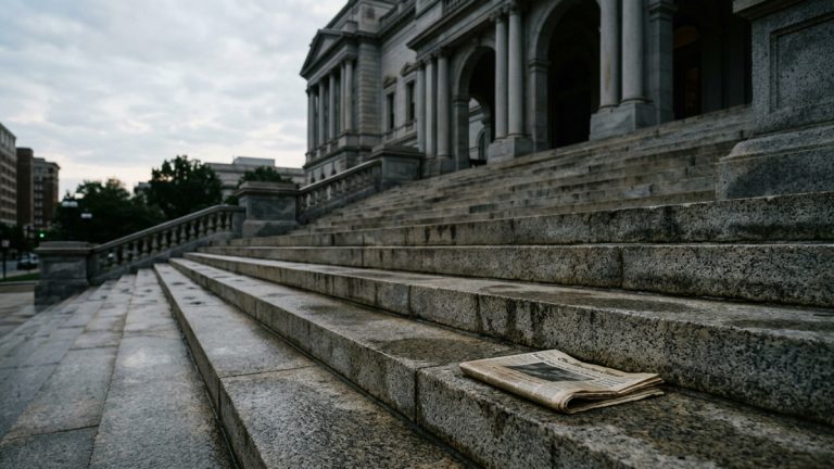 Courthouse steps with a newspaper on it
