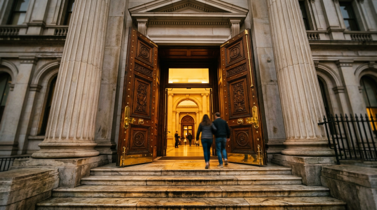 A grand courthouse with doors open