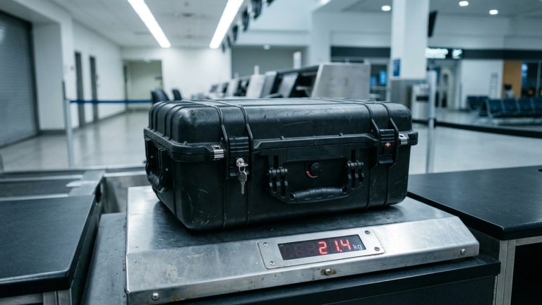 A hgard-sided gun case on a scale at an airport