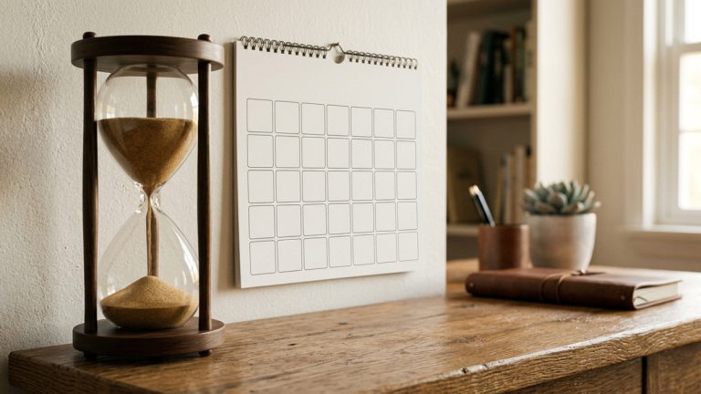 An hour glass and a blank calendar
