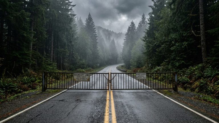 A rural road in the Pacific northwest with a gate blocking the road