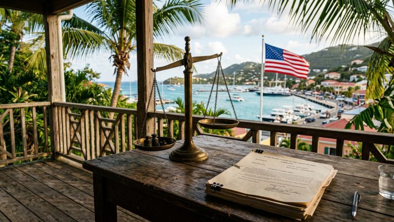 Brass scales of justice with a Virgin Islands background