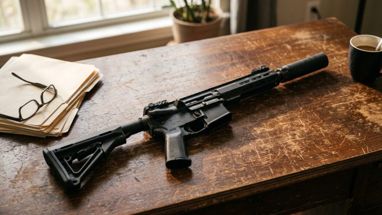 An AR15 rifle with a suppressor