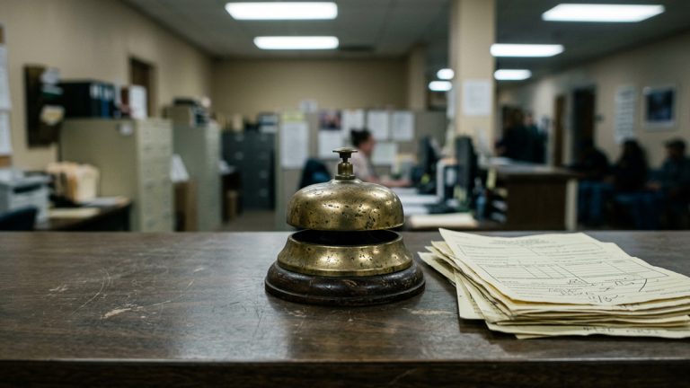 A brass bell on a desk