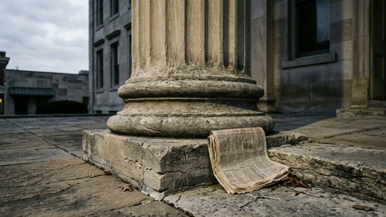 A courthousr column with a newspaper leaning on it