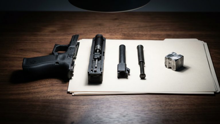 A field-stripped Glock pistol on a desk next to a die