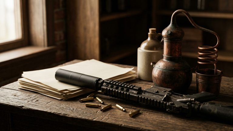 A firearm and distilling equipment on a desk