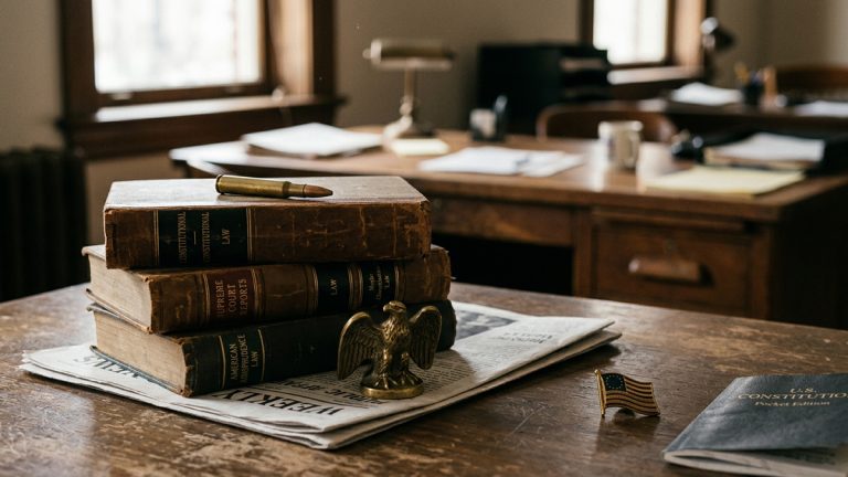 Leatherbound books on an old wooden desk