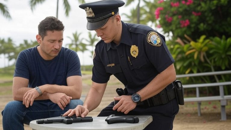 A police officer in Hawaii inspecting a civilian's firearm