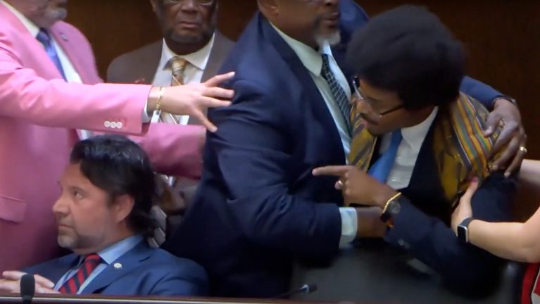 Tennessee State Representative Justin Pearson (D) attacking State Representative Andrew Farmer (R) on the House floor during a hearing over guns.